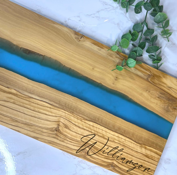 Olive Wood with Light Blue resin charcuterie/serving board