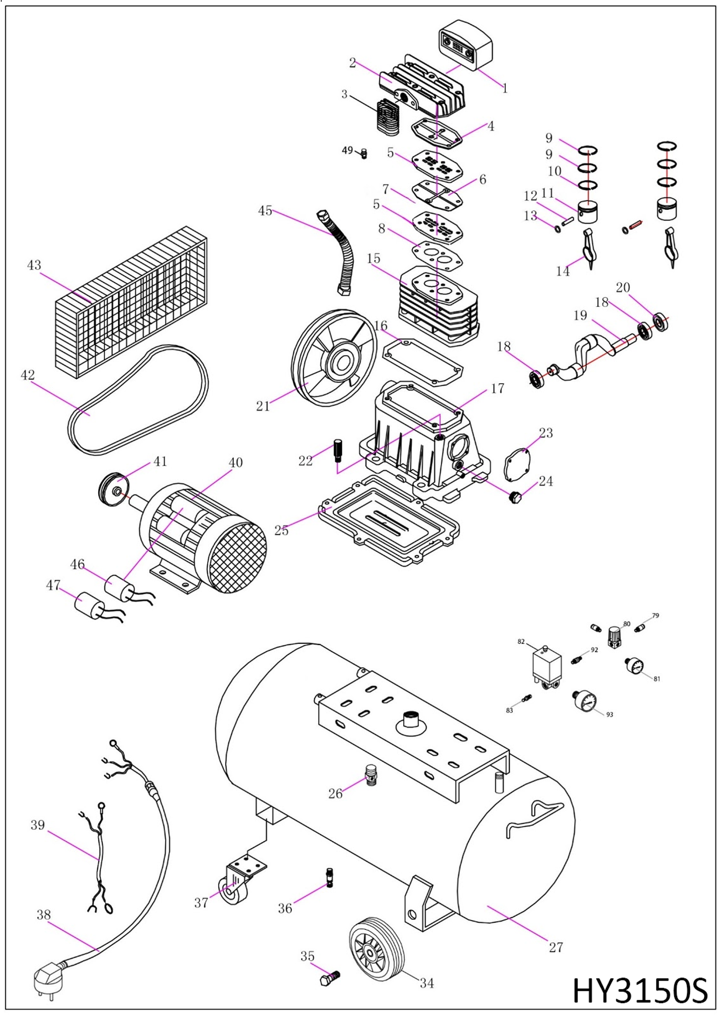 Exploded View of the HY3200S Belt Driven Air Compressor