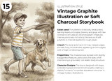 Young boy playing frisbee with his dog in Vintage Graphite Illustration or Soft Charcoal Storybook style