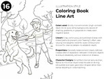 Young boy playing frisbee with his dog in Coloring Book Line Art style