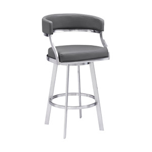 30" Gray And Silver Faux Leather And Iron Swivel Low Back Bar Height Bar Chair N270-477143