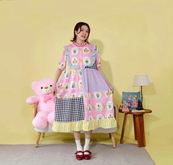 AF- AF260703 Patchwork Check Pattern Dress
