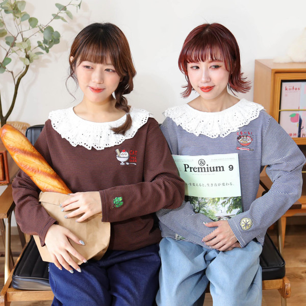 TCG - TCG260905 Embroidered Striped Lace Collar Top