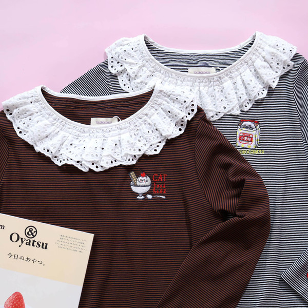 TCG - TCG260905 Embroidered Striped Lace Collar Top