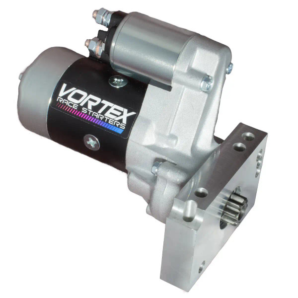 Vortex race starters designed to fit the 153 or 168-tooth GM flywheels, extreme torque 2.7hp race starter. Block mount design with billet aluminum rotatable adjustable mounting block.