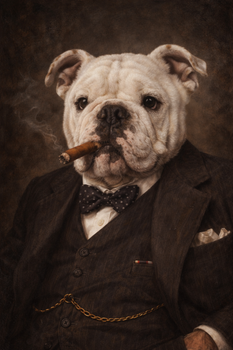 Churchill Bulldog Portrait Poster – Funny Gentleman Dog Wall Art – Vintage Winston Churchill Style Dog Painting Decor