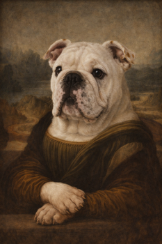 Mona Lisa Bulldog Portrait Poster – Funny Renaissance Bulldog Wall Art – Classic Art Parody Dog Painting – Vintage Pet Decor
