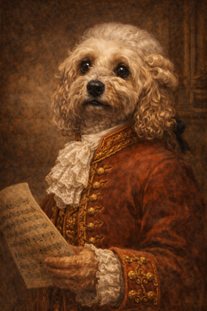 Mozart Dog Portrait Poster – Classical Composer Dog Wall Art – Funny Baroque Dog Painting – Vintage Music Pet Decor
