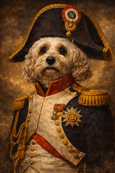 Napoleon Dog Portrait Poster – French Emperor Dog Wall Art – Funny Historic Military Dog Painting – Vintage Pet Decor