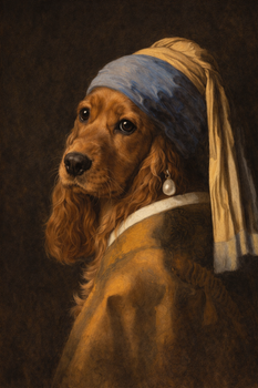 Girl with a Pearl Earring Dog Poster – Vermeer Inspired Dog Wall Art – Funny Renaissance Dog Painting – Vintage Pet Portrait Decor