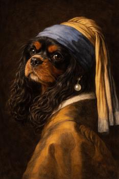 Girl with a Pearl Earring Dog Poster – Vermeer Inspired Cavalier King Charles Dog Wall Art – Funny Renaissance Dog Painting – Vintage Pet Portrait Decor