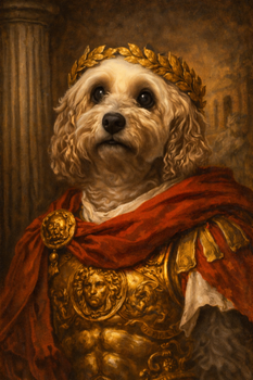 Roman Emperor Dog Poster – Julius Caesar Inspired Dog Wall Art – Funny Ancient Rome Dog Painting – Classical Military Pet Portrait Decor