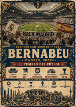 Santiago Bernabéu Stadium Vintage Travel Poster – Madrid Spain Football Stadium Wall Art – Retro Sports Décor – Gift for Football Fans & Stadium Collectors