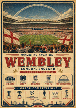 Wembley Stadium Vintage Travel Poster – London England Football Stadium Wall Art Print – Retro Sports Stadium Artwork – Gift for Football Fans & Stadium Collectors
