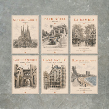 Barcelona Vintage Travel Poster Print Set – 6 Barcelona Landmark Wall Art Prints – Sagrada Família, Park Güell, Casa Batlló, La Rambla, Gothic Quarter & Barceloneta Beach – Spain Home Décor Gift