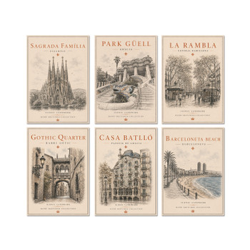 Barcelona Vintage Travel Poster Print Set – 6 Barcelona Landmark Wall Art Prints – Sagrada Família, Park Güell, Casa Batlló, La Rambla, Gothic Quarter & Barceloneta Beach – Spain Home Décor Gift