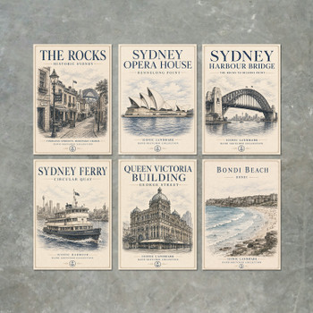 Sydney Vintage Travel Poster Print Set – 6 Sydney Landmark Wall Art Prints  Sydney Opera House, Harbour Bridge, Bondi Beach, The Rocks, Queen Victoria Building & Sydney Ferry – Australia Home Décor Gift