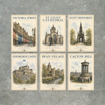 Edinburgh Vintage Travel Poster Print Set – 6 Edinburgh Landmark Wall Art Prints – Edinburgh Castle, Victoria Street, St Giles' Cathedral, Scott Monument, Dean Village & Calton Hill – Scotland Home Décor Gift