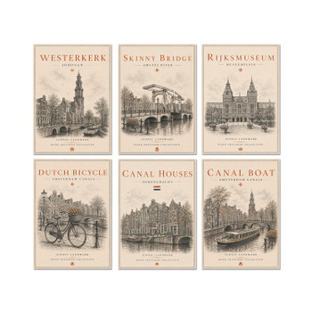 Amsterdam Vintage Travel Poster Print Set – 6 Amsterdam Landmark Wall Art Prints – Rijksmuseum, Skinny Bridge, Westerkerk, Canal Houses, Canal Boat & Dutch Bicycle – Netherlands Home Décor Gift