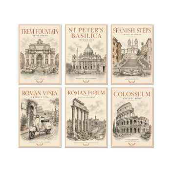 Rome Vintage Travel Poster Print Set – 6 Rome Landmark Wall Art Prints – Colosseum, Trevi Fountain, Roman Forum, St Peter's Basilica, Spanish Steps & Vespa – Italian Home Décor Gift