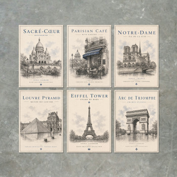 Paris Vintage Travel Poster Print Set – 6 Paris Landmark Wall Art Prints – Eiffel Tower, Louvre Pyramid, Notre-Dame, Sacré-Cœur, Arc de Triomphe & Parisian Café – Paris Home Décor Gift