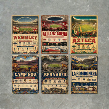 Vintage Football Stadium Poster Print Set – 6 Stadium Wall Art Prints – Wembley, Allianz Arena, Estadio Azteca, Camp Nou, Santiago Bernabéu & La Bombonera – Football Fan Gift & Home Décor