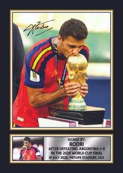 Rodri Spain World Cup Champions 2026 Poster Print – Trophy Celebration Signature Style Football Wall Art – Spain Football Memorabilia Gift – Soccer Fan Gift 
