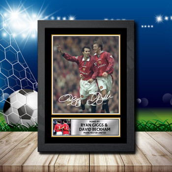 Ryan Giggs + David Beckham Signed Autographed Footballers Star Poster Print Framed Merch Gift Ryan Giggs + David Beckham Signed Autographed Footballers Star Poster Print Framed Merch Gift