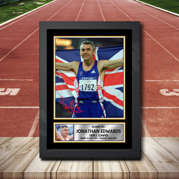 Jonathan Edwards Printed Autograph Poster Print - Athletics Action Shot Edition - UK Made Wall Art with Framing Options