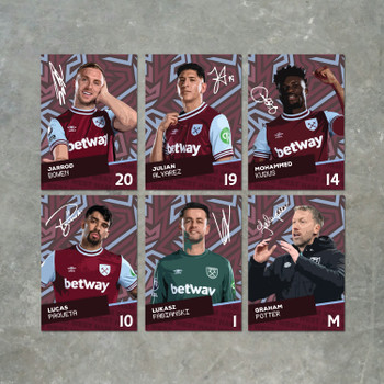 West Ham Players SIGNED A6 Poster Pack 6 Autographed Poster Print Cards (Bowen, Alavrez, Kudus, Paqueta, Fabianski, Potter)