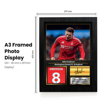 Elliot Anderson Printed Signed Poster – Nottingham Forest & England Midfielder Tribute Wall Art with Jersey & Bio Plaque – Premier League Football Memorabilia for Fans & Collectors
