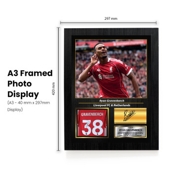 Ryan Gravenberch Printed Signed Poster – Liverpool FC & Netherlands Midfielder Tribute Wall Art with Jersey & Bio Plaque – Premier League Football Memorabilia for Fans & Collectors