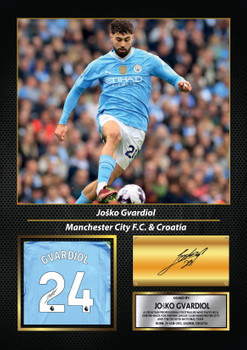 Joško Gvardiol Printed Signed Poster – Manchester City FC & Croatia Defender Tribute Wall Art with Jersey & Bio Plaque – Premier League Football Memorabilia for Fans & Collectors