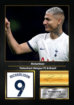 Richarlison Printed Signed Poster – Tottenham Hotspur FC & Brazil Forward Tribute Wall Art with Jersey & Bio Plaque – Premier League Football Memorabilia for Fans & Collectors