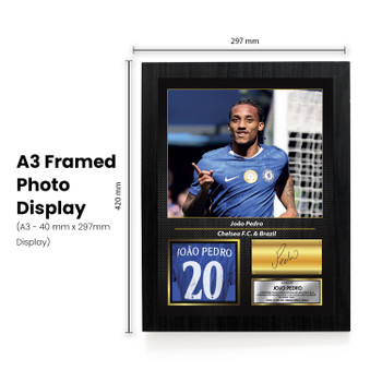 João Pedro Printed Signed Poster – Chelsea FC & Brazil Forward Tribute Wall Art with Jersey & Bio Plaque – Premier League Football Memorabilia for Fans & Collectors