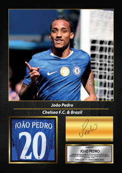 João Pedro Printed Signed Poster – Chelsea FC & Brazil Forward Tribute Wall Art with Jersey & Bio Plaque – Premier League Football Memorabilia for Fans & Collectors