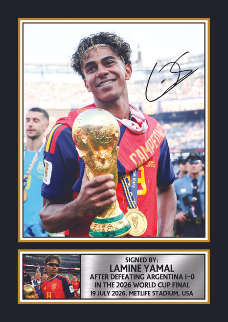 Lamine Yamal Spain Football Poster Print – Spain 2026 FIFA World Cup Champions Trophy Celebration Signature Style Wall Art – Soccer Fan Gift