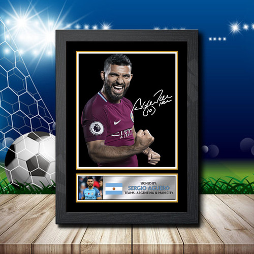 Kun Sergio Aguero 3 Black Printed Autograph Poster Print - Football Icon Wall Art - UK Manufactured Collectible Gift for Fans