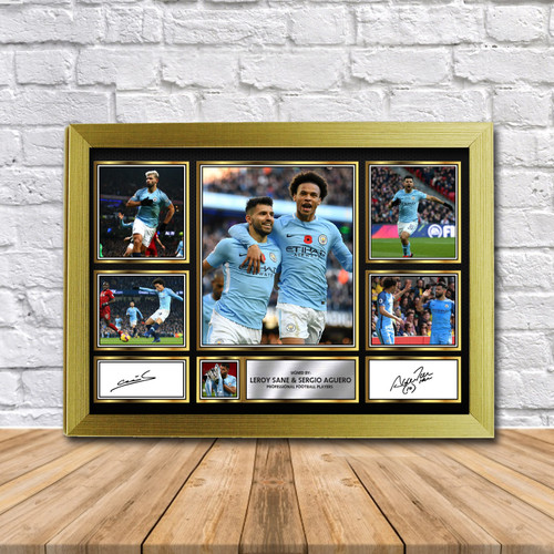 Leroy Sane & Sergio Aguero Football Gift Framed printed autograph poster print