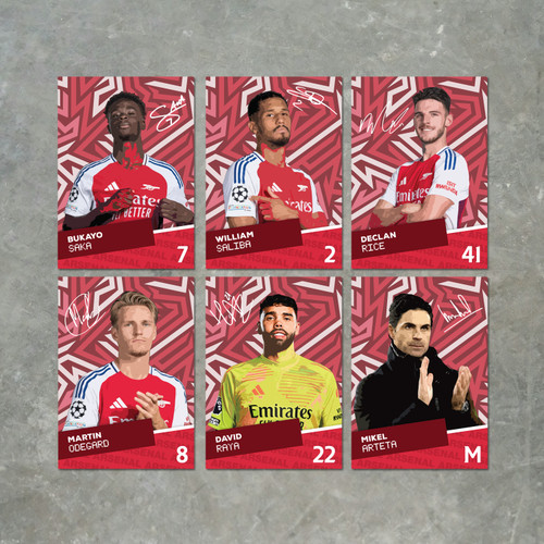 Arsenal Players Printed Autograph A6 Poster Pack 6 Printed Autograph Poster Print Cards (Saka, Saliba, Rice, Odegard, Raya, Arteta)