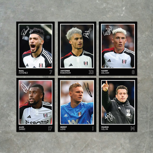 Fulham Players Printed Autograph A6 Poster Pack 2 6 Printed Autograph Poster Print Cards (Iwobi, Jiminez, Robinson, Wilson, Leno, Silva)