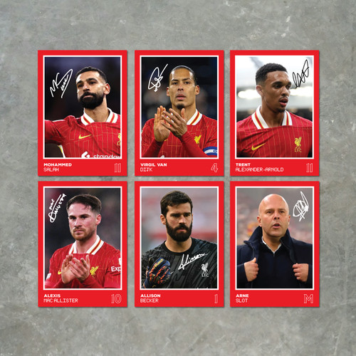Liverpool Players Printed Autograph A6 Poster Pack 2 6 Printed Autograph Poster Print Cards (Salah, Trent, Dijik, Mac Allister, Allison, Slot)