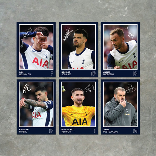 Tottenham Hotspur Players Printed Autograph A6 Poster Pack 2 6 Printed Autograph Poster Print Cards (Son, Romero, Maddison, Solanke, Vicario