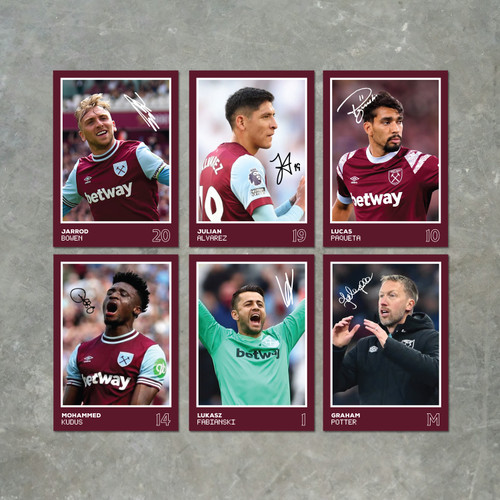 West Ham Players Printed Autograph A6 Poster Pack 2 6 Printed Autograph Poster Print Cards (Bowen, Alavrez, Kudus, Paqueta, Fabianski, Potter)
