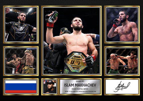 Islam Makhachev Printed Autograph Poster Print – UFC Champion Collage with Career Highlights & Signature – MMA Wall Art for Fans & Collectors