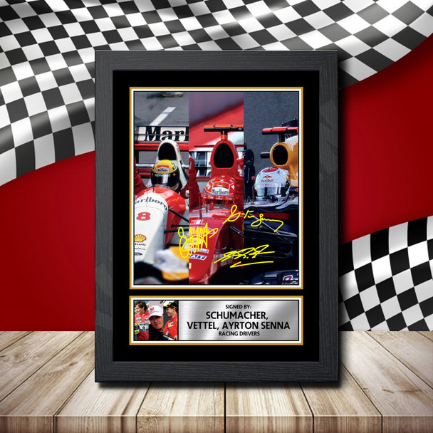 Legends Montage Schumacher Vettel Ayrton Senna - Signed Autographed Formula1 Star Print