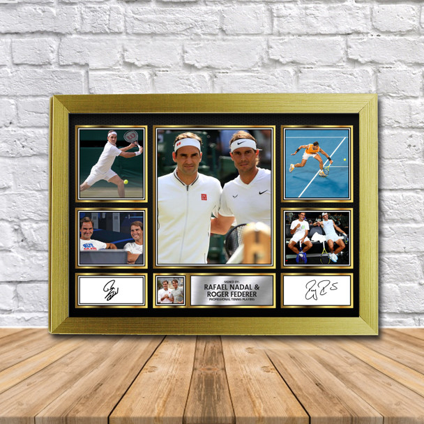 Rafael Nadal & Roger Federer Tennis Gift Framed Autographed Print Landscape