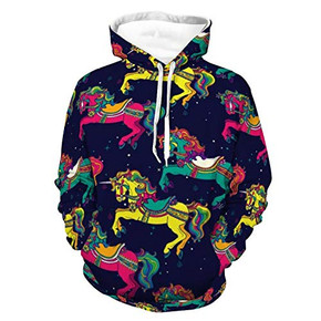 Unisex Realistic Print Hoodie Amusement Park Carousel Horses Pattern Hooded Sweatshirts Long Sleeve Durable Sweater With Pocket For Women Men