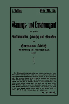Warnungs- Und Ermahnungsruf an Herrn Kultusminister Haenisch Und Genossen