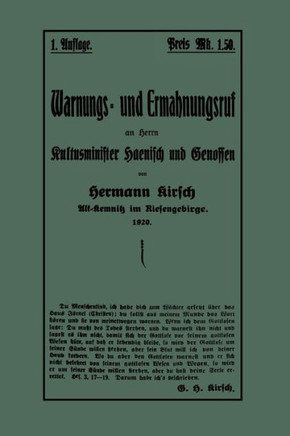 Warnungs- Und Ermahnungsruf an Herrn Kultusminister Haenisch Und Genossen